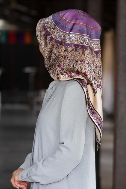 100% twill silk shawl patterned purple colored 90x90 scarf sewing method: hand stitching