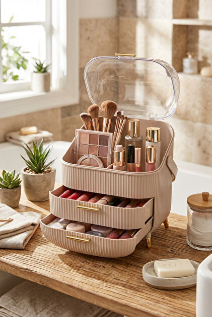 JAPO　化粧品セット MAKRİ HOME Cappuccino Renk Kapaklı Makyaj Organizeri–3 Katlı