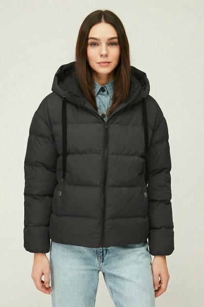Women's Anthracite Hooded Fiber Windproof Puffer Winter Jacket