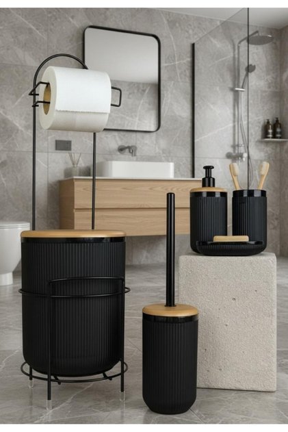 Black Round Mina Due Stand Toilet Paper Holder and 6-Piece Bathroom Set