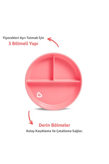 Sabit Vakumlu Beslenme Tabağı | 6 Ay+, 3 Bölmeli, BPA İçermez, Pembe– 1 Adet