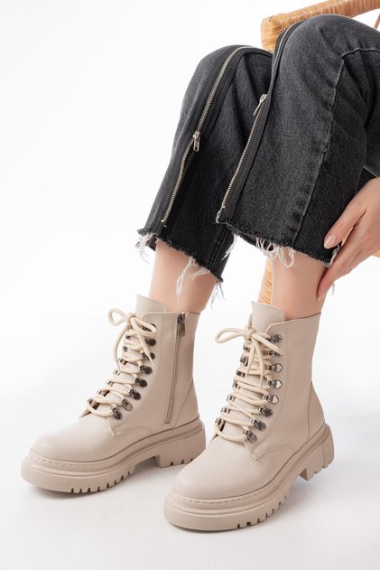 Zri̇n-2121 Premium Beige Lace-Up Zippered Casual Women's Boots
