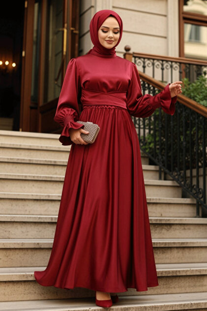 burgundy dress with hijab Burgundy Modest Satin Dress – Modest Bella