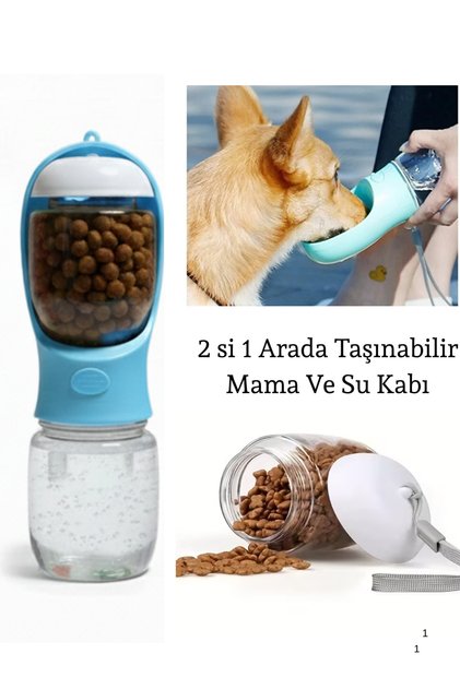 Taşınabilir Kedi Köpek Suluğu 350 mL su 180 ml mama 2in 1 arada Seyahat Su Şişesi Mama Kaseli