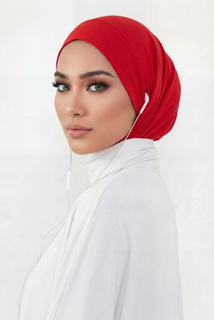 Combed Cotton Bonnet with Neck Covering Feature and Headphone Opening, B-94, Red