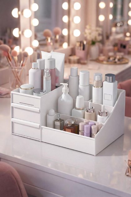 Elegance 25,5 cm Makyaj Kozmetik Parfüm Krem Serum Düzenleyici Çekmeceli Organizer Beyaz