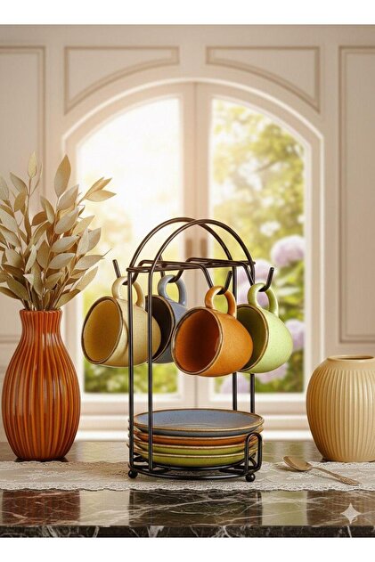 Metal Hanging Colorful Porcelain Cup Set for 4 Person