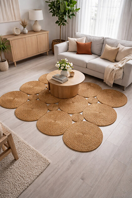 Efuliz Home Jüt-Hasır El Örgüsü Bambu(Hardal) Renk Halı-Kilim