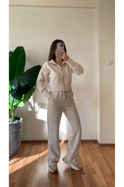 Beige Corded Fabric Zippered Tracksuit Set - Palazzo Leg & Fleece-Lined