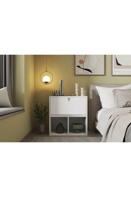 Yatay Kapaklı Üst Dolap + 2 Açık Raflı Modüler Komodin – Komodin Beyaz-NRG-KMD-1008