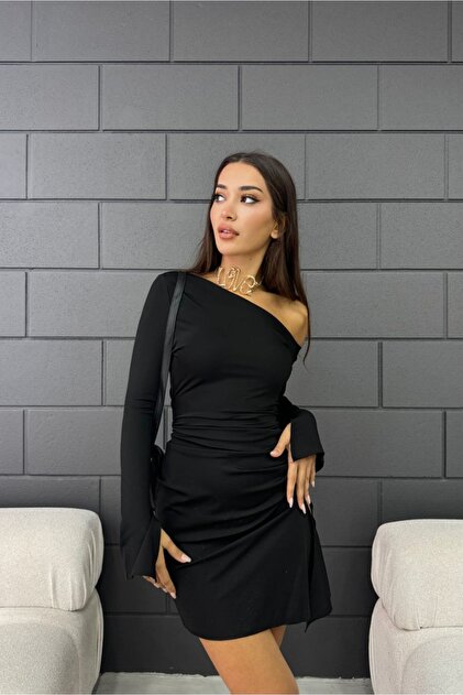 Fav Style Women's Asymmetrical Collar Long Sleeve Deep Slit Mini Dress Black-  Trendyol