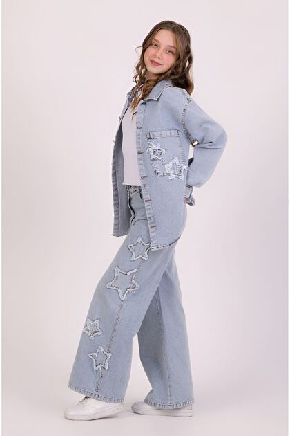 DMB BOYS & GIRLS Yıldız Detaylı Bol Paça Kız Denim Pantolon