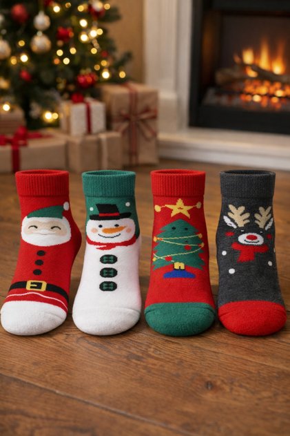 4 Pairs Stitch-Free Children's Thick Terry Christmas Patterned Socks
