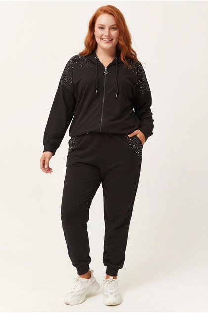 Women's Large Size Stone and Bead Embroidered Black Tracksuit Set