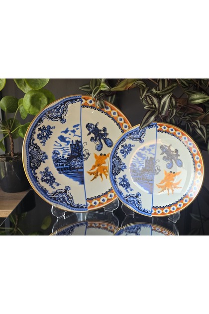 Handmade Porcelain Hybrid - Double Patterned Cake and Serving Set for 1 - 6 People