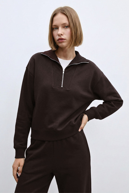 Kahve Fermuarlı Dik Yaka Yumuşak Dokulu Sweatshirt - Kahverengi 2
