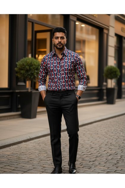 Long Sleeve Cotton Belt Pattern Regular Fit Men's Shirt