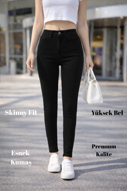 Kadın Yüksek Bel Dar Paça Süper Skinny Fit Esnek Bilek Boy Denim Jean Kot Pantolon C596-siyah-raw