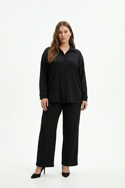 Crinkle Fabric Shirt Collar Buttoned Top and Bottom Set Suitable for Modest Wear 2XL 6XL