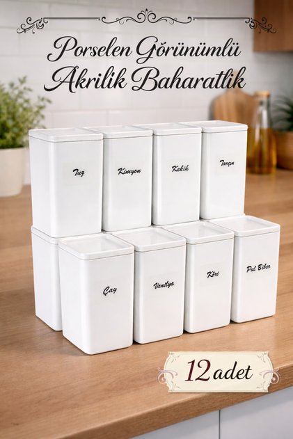 12'li 500 ml Vakumlu Porselen Görünümlü Akrilik Baharatlık - Saklama Kabı Etiket Hediyeli