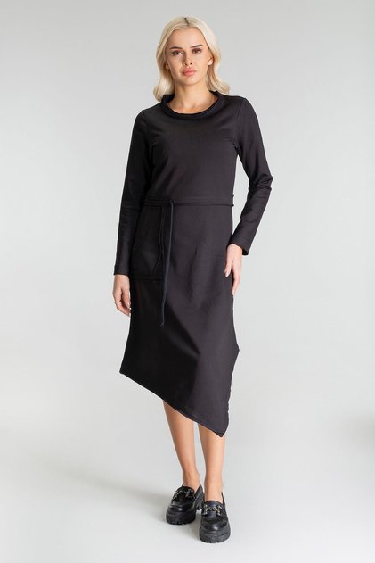 Rochie din bumbac tunelat cu mânecă lungă, cu cusături înrudite, cu un singur buzunar, pentru femei material elastic din material subțire negru