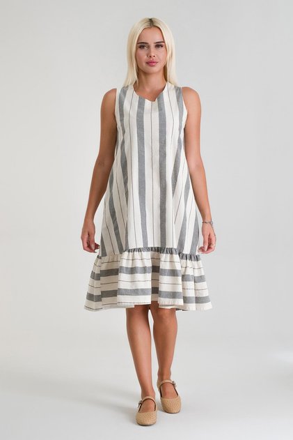 Women's Striped Trimmed Hem Gathered Pocket Sleeveless Cotton Woven Dress Black and White Thick Stripes