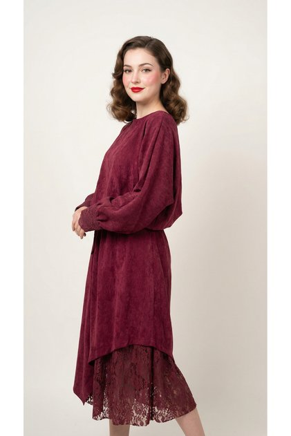 Women's Chonil Velvet Bohemian Lace Detailed Skirt & Blouse Set Burgundy