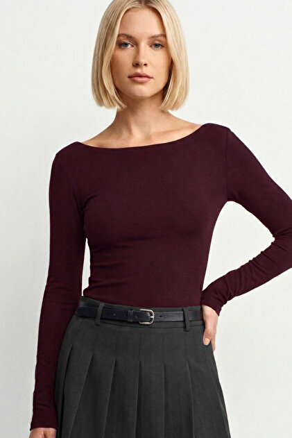Dark Burgundy Boat Neck Long Sleeve Top 100% Cotton