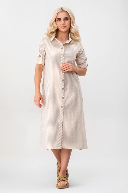 Women's Pocketed Striped Cotton Buttoned Slit Shirt Dress Camek Ecru Striped
