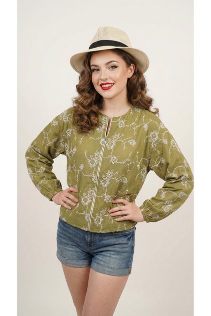 Women's Bohemian Embroidered Bomber Gabardine Jacket - Green