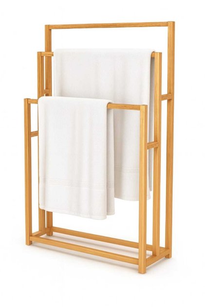 Wooden 3-Tier Freestanding Towel Rack, Oak/Walnut, Natural Wood Finish, 75 x 29.5 x 120 cm