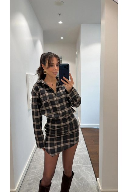 Plaid Asymmetrical Cut Drawstring Drape Detail Skirt Buttoned Design Equivalent to Tok Fabric Shirt Dress
