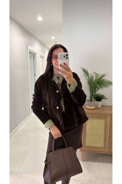 Sorinya Brown Velvet Jacket with Pocket Detail