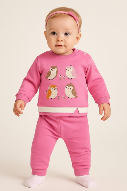 Karacon 181-12-25 Baby Girl Tracksuit Set with Owl Embroidery Ecru Striped 2-Piece Set 6–18 Months