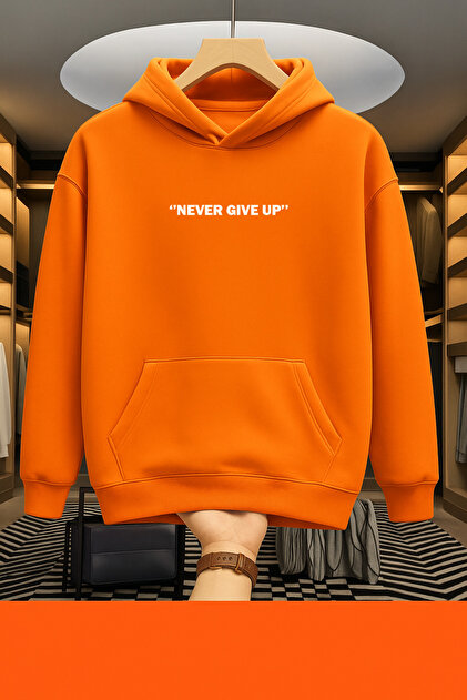 Unisex Erkek/Kadın NEVER Renkli Özel Baskılı Pamuklu Oversize Kapüşonlu Sweatshirt