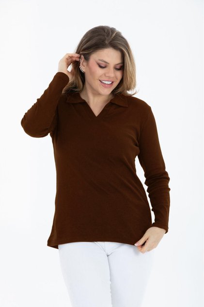 Μπλούζα Curve Plus Size Βαμβακερή με λαιμόκοψη ελαστικό ύφασμα σε σχήμα V, βασική μονόχρωμη μακρυμάνικη καφέ μπλούζα