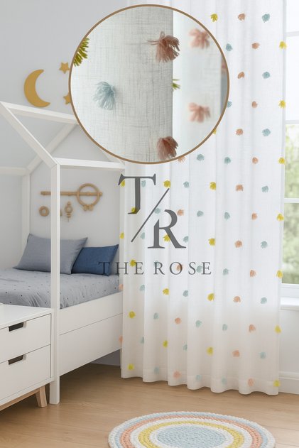 Perla Renkli Püsküllü Tül Perde, Çocuk Odası, Unisex, Sık Pile