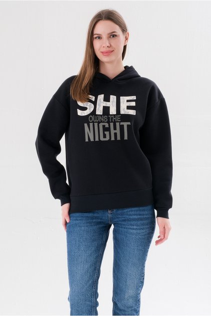 Women's Lace and Embroidery Detail Sweatshirt-Black