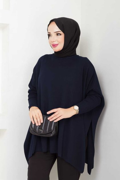 Women's Navy Blue Hijab Knitwear Oversized Slit Sweater
