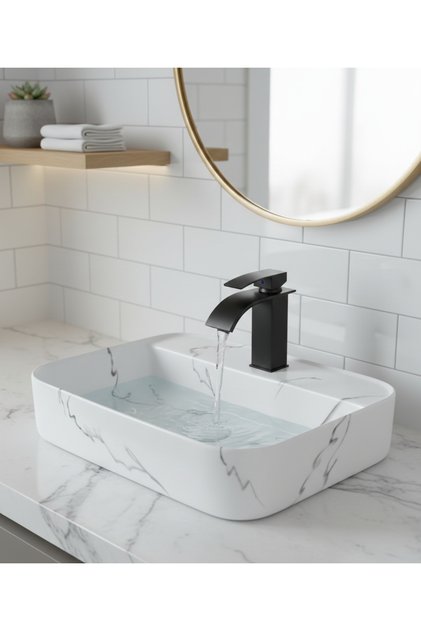 Beyaz Mermer Desenli Tezgah Üstü Çanak Lavabo 50x40x13,5 - Beyaz Mermerl Desen Lavabo Taşı