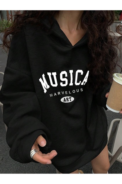 Women's Black Musical Art 3 Thread O Oversized K Hooded Hoodie Sweatshirt