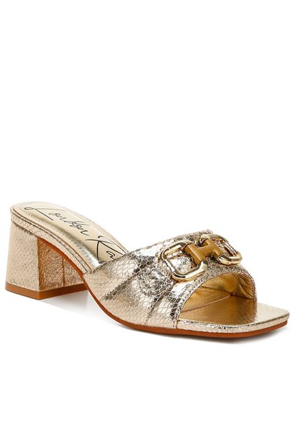 Women Gold Horsebit Detail Snake Print Sandals