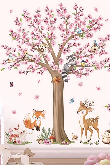 Forest Animals and Large Flower Tree Wall Sticker Set - Kids Room Nursery Decor Set