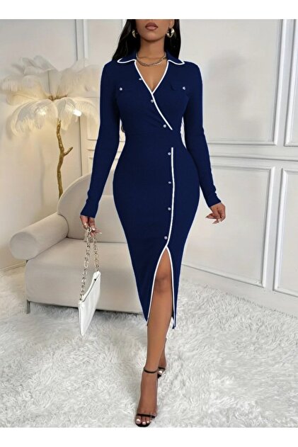 EMH STORE Women's Long Sleeve Collared Pocket Buttoned Slit Detailed Modal Long Dress- Trendyol EMH STORE Women's Long Sleeve Collared Pocket Buttoned Slit Detailed Modal Long Dress- Trendyol
