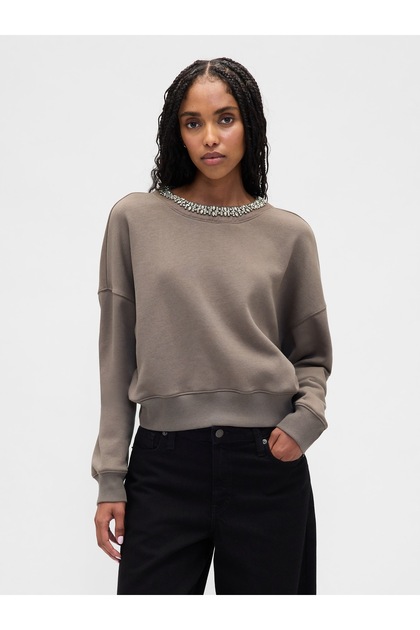 Kadın Gri VintageSoft Jewel-Neck Crop Sweatshirt