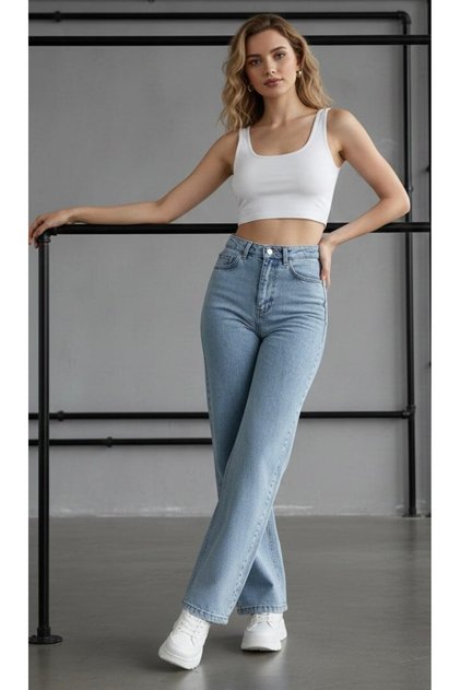 Light Snow Wash Blue Lycra Super High Waist Loose Jeans Palazzo Trousers