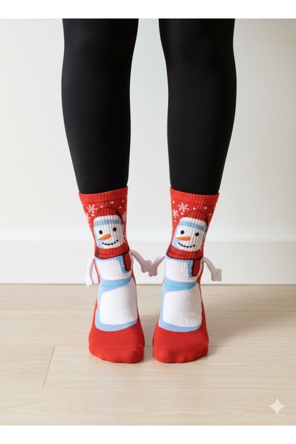 New Year's Special Holding Hands Snowman Socks – Magnetic (Single) Red Socks
