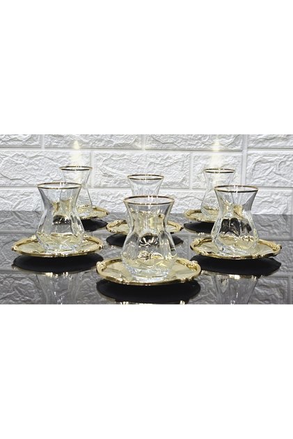 Alya Real Gold Rose Frame Tea Set 12 Pieces - 6 Plates 6 Cups Full Gold