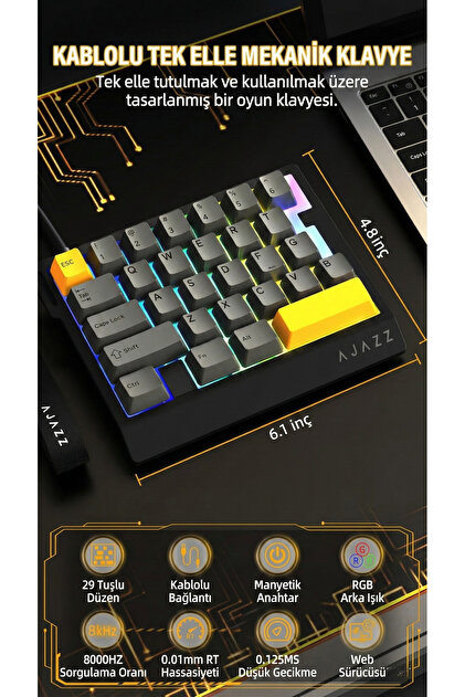Ajazz AK029 Tek El Kablolu Manyetik Switch Oyun Klavyesi- RGB-29
