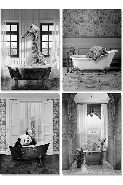 ALAYRA Black White Bathroom Pictures Bathroom Panda Animal in the Bath Picture Funny Wall Art Prints Canvas Poster Home Decor Minimalist Without Frame ( x 4 Pieces)30X40 CM